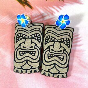 OOAK handmade tropical Tiki earrings with blue Plumeria